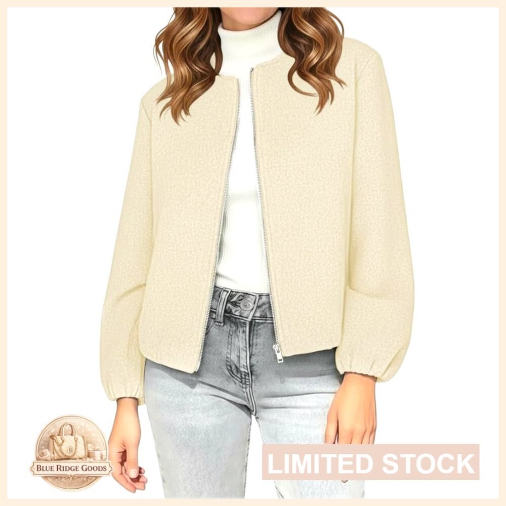 Wool Blend Bomber Jacket Cropped Zip Up with Pockets
